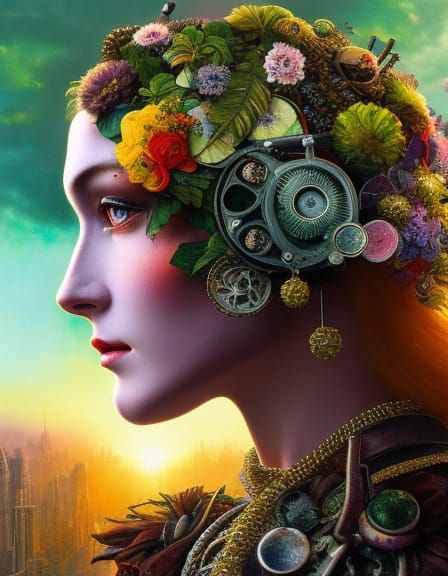 Post-Apocalyptic Girl with Metal Flowers, Art Nouveau Style