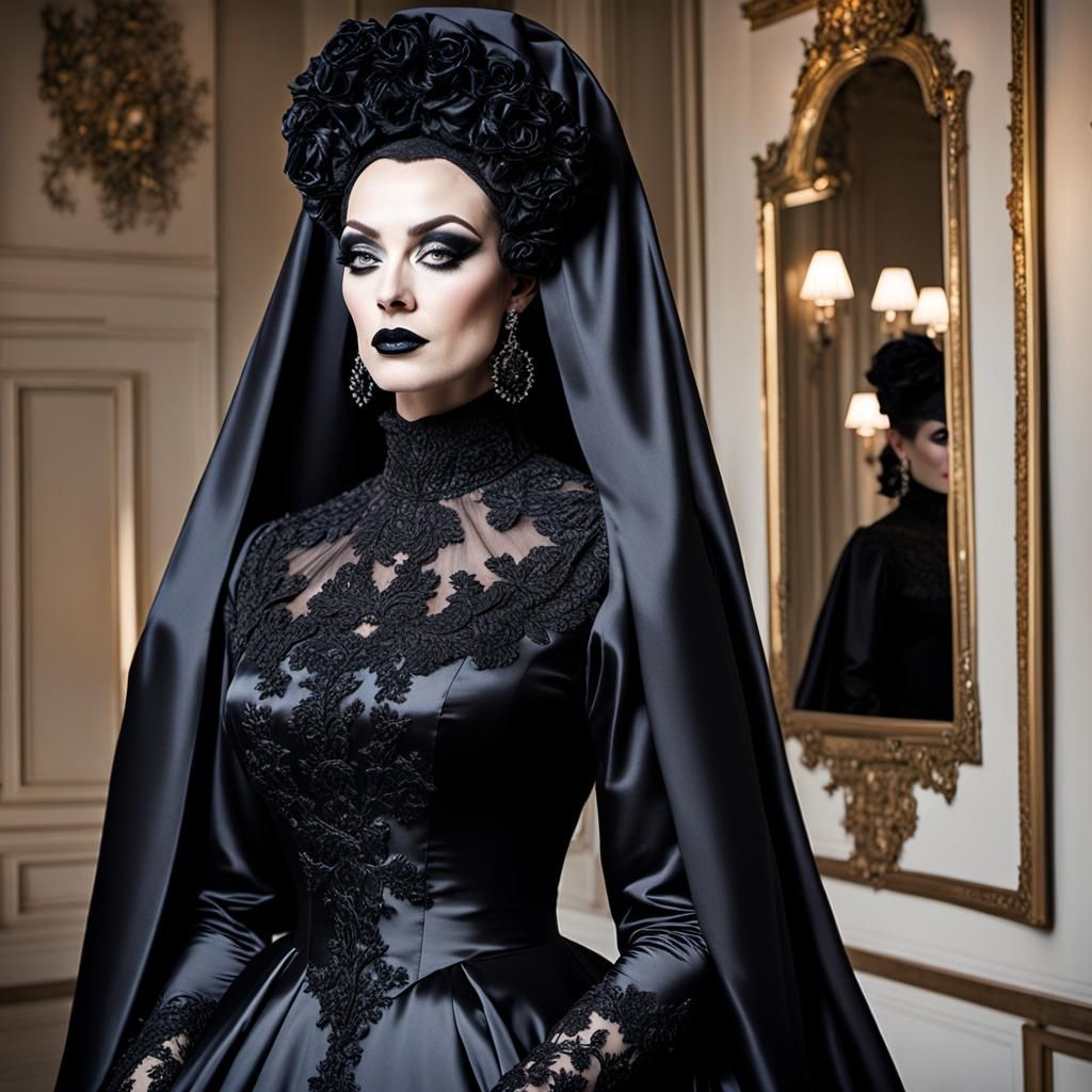 Extravagant Drag Queen in Black Satin Couture