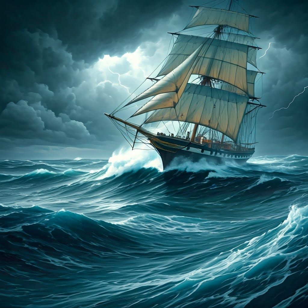 Clipper Ship in Stormy Seas, Dramatic Maritime Art