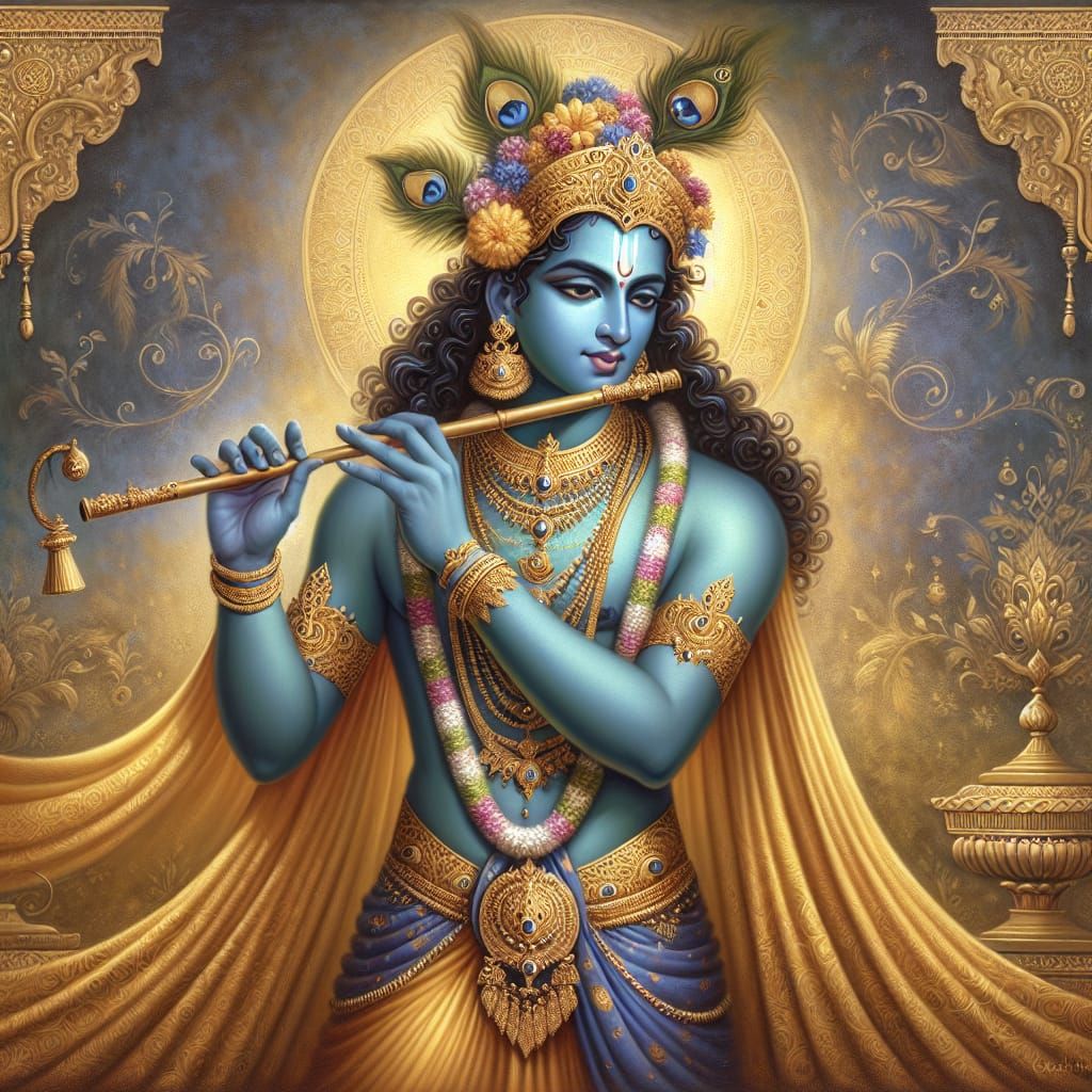 Lord Krishna Playing Flute in Traditional Indian Painting St...