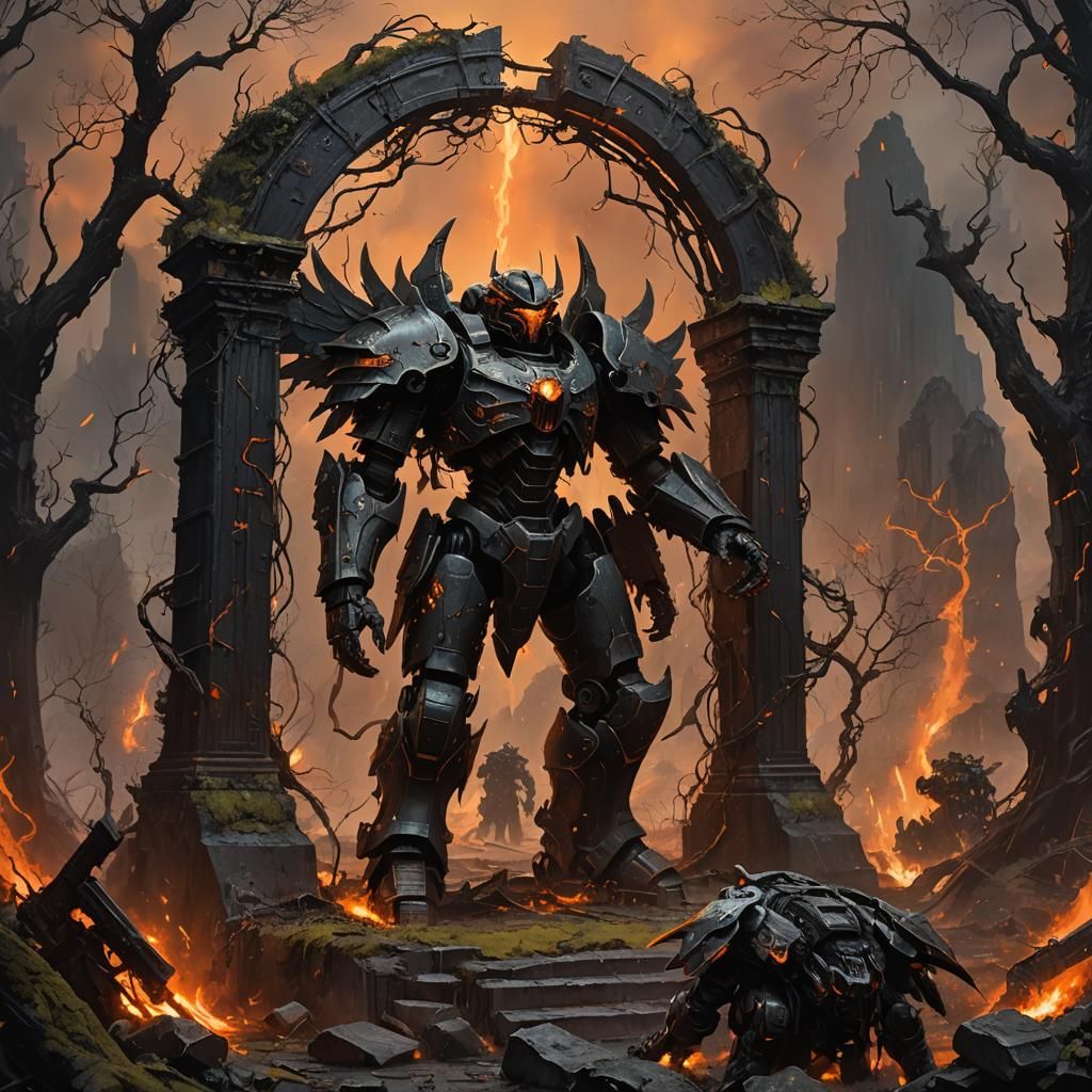 Dark Angels Guarding Gate in Expressionist Style