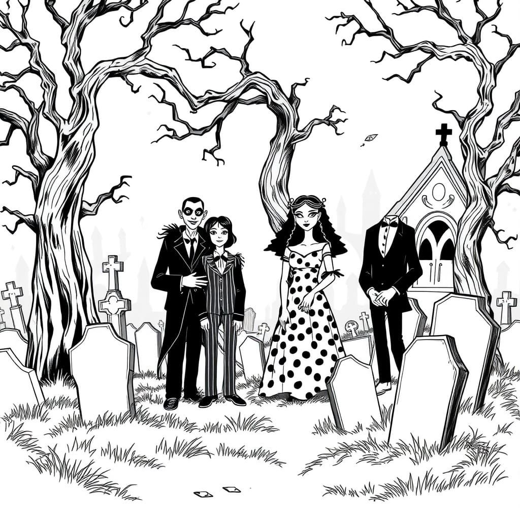 The Addams Family in a Spooky Cemetery, in Classic Black and...