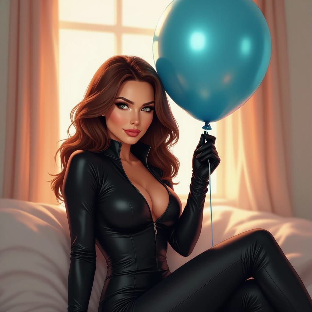 Black Widow with Birthday Balloon in Vibrant Style