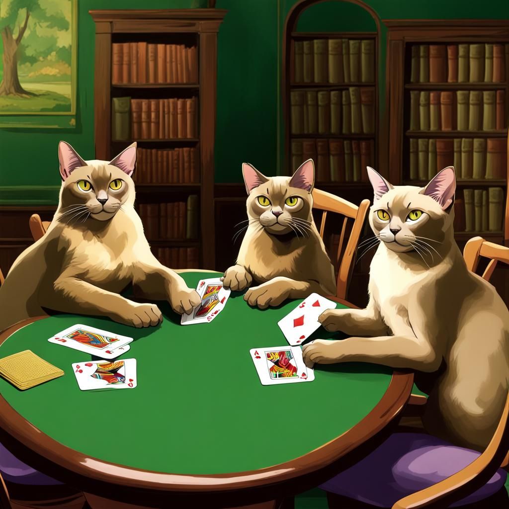 Burmese Cats Play Poker in Library