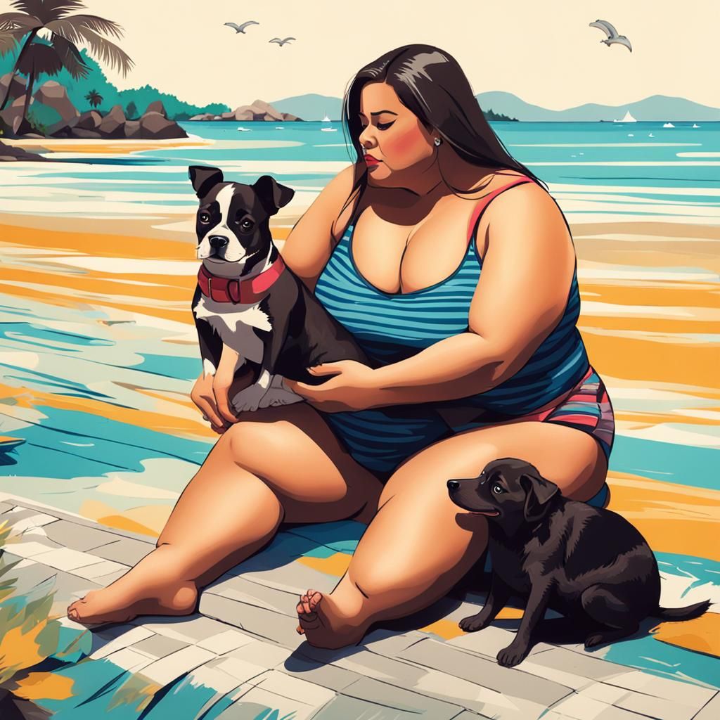Plus-Size Woman in Bikini with Dog