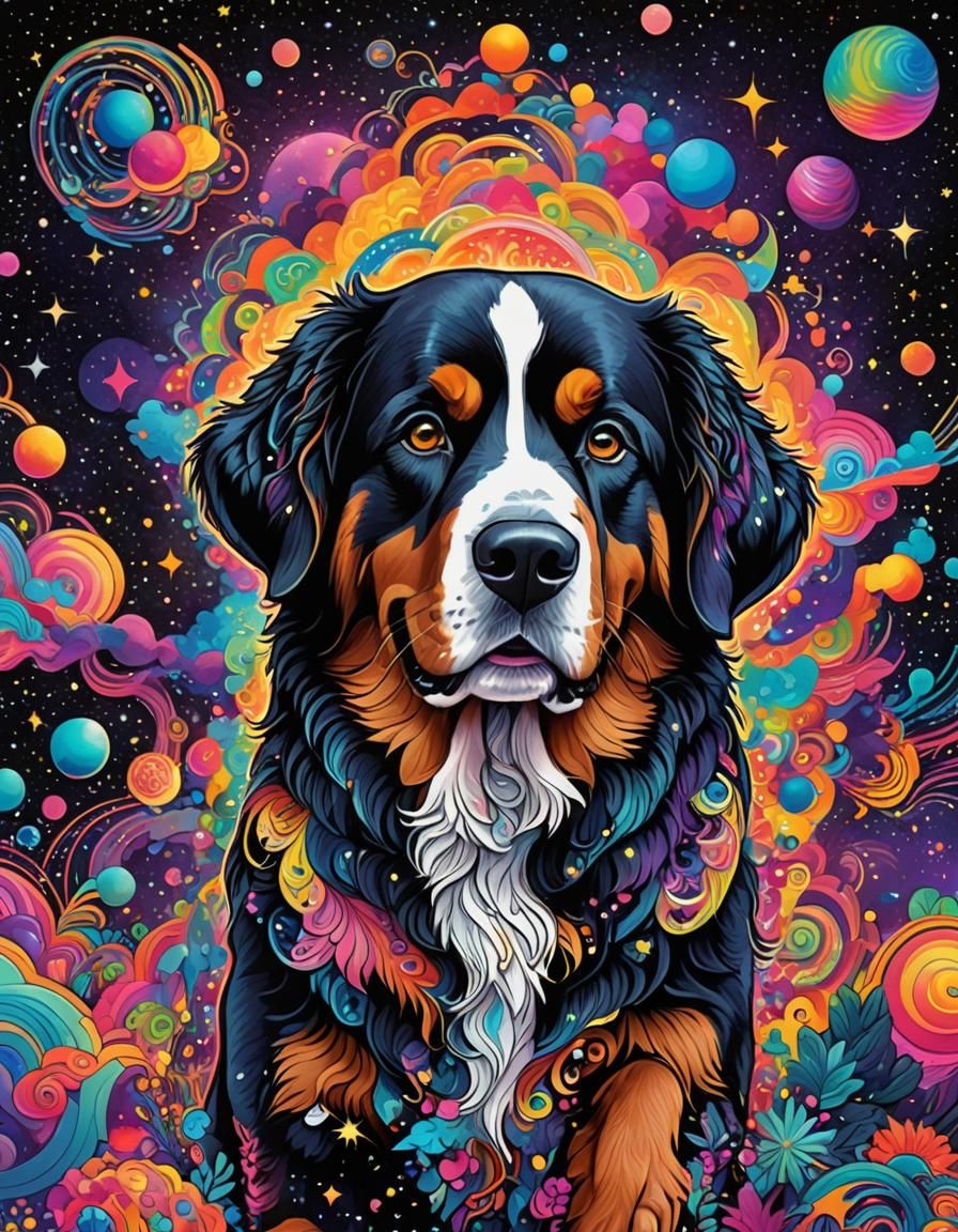 Psychedelic Bernese Mountain Dog in Space