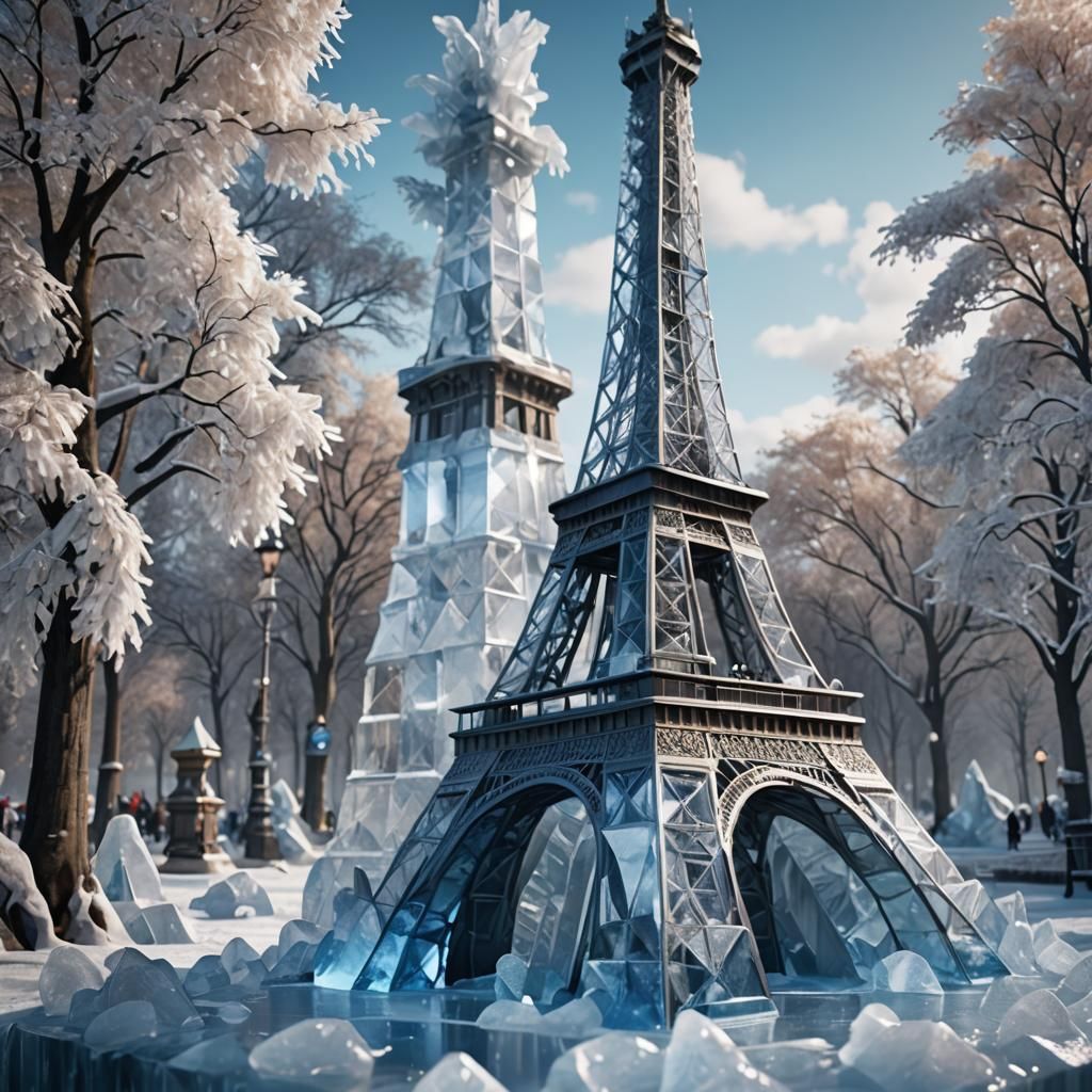 Exquisite Crystal Eiffel Tower Ice Sculpture