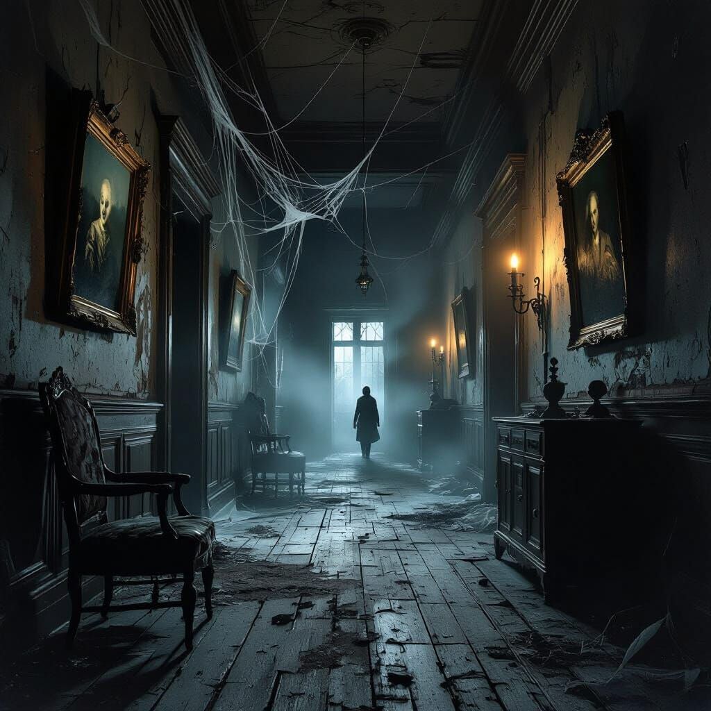 Dark Mansion Hallway with Torchlight and Paintings
