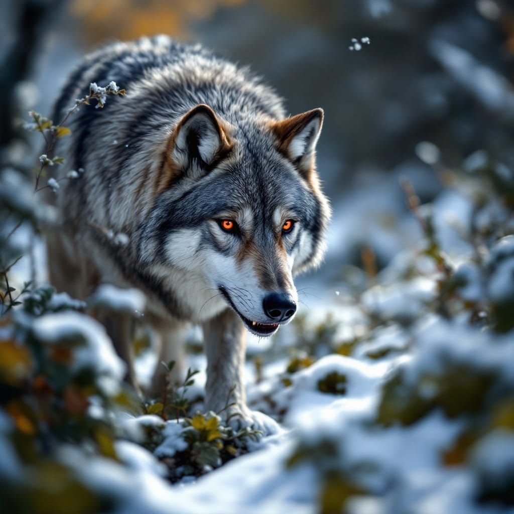 Gray Wolf Stalking Prey in Snowy Landscape