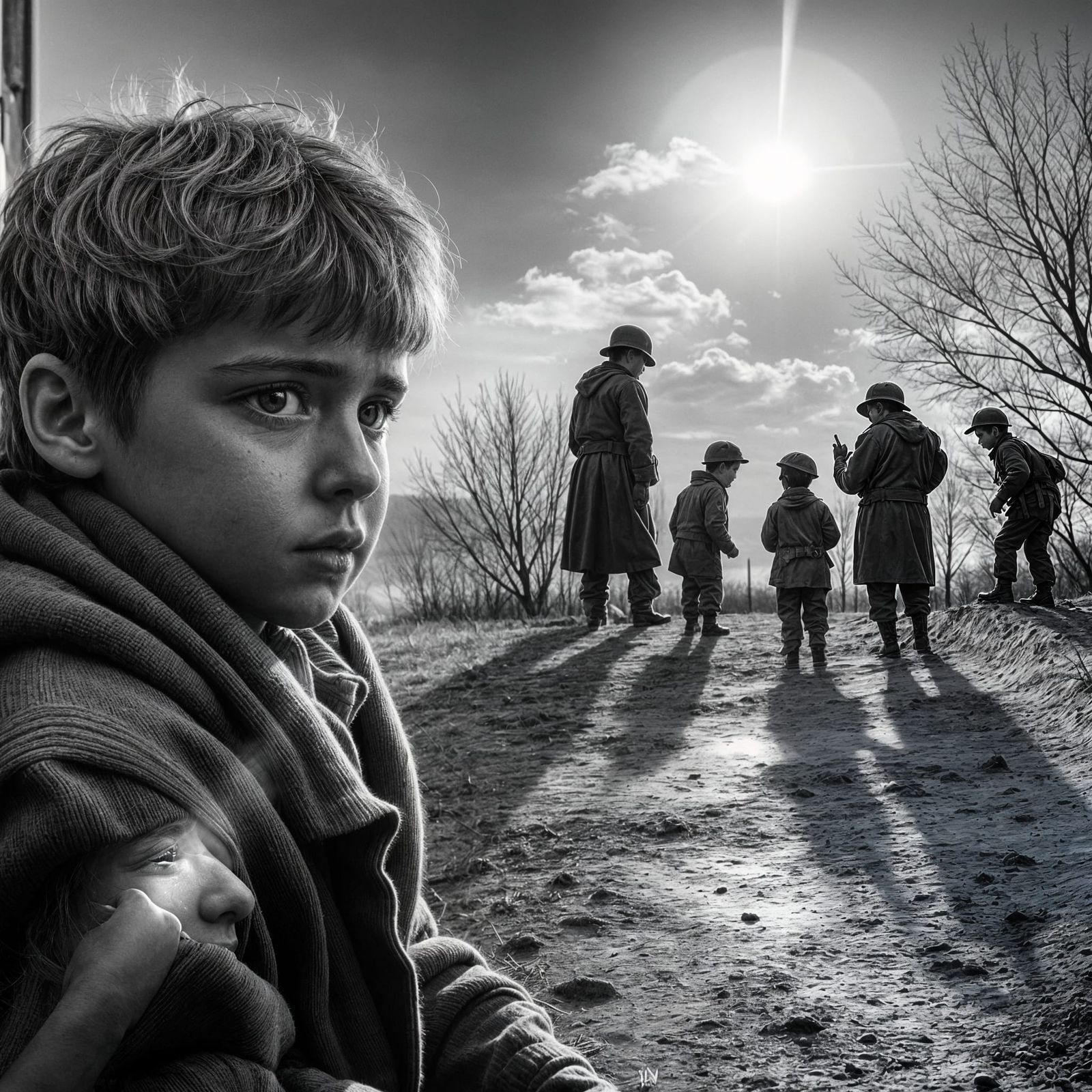 Orphan in WWII: Black and White Tarkovsky-Style Photo