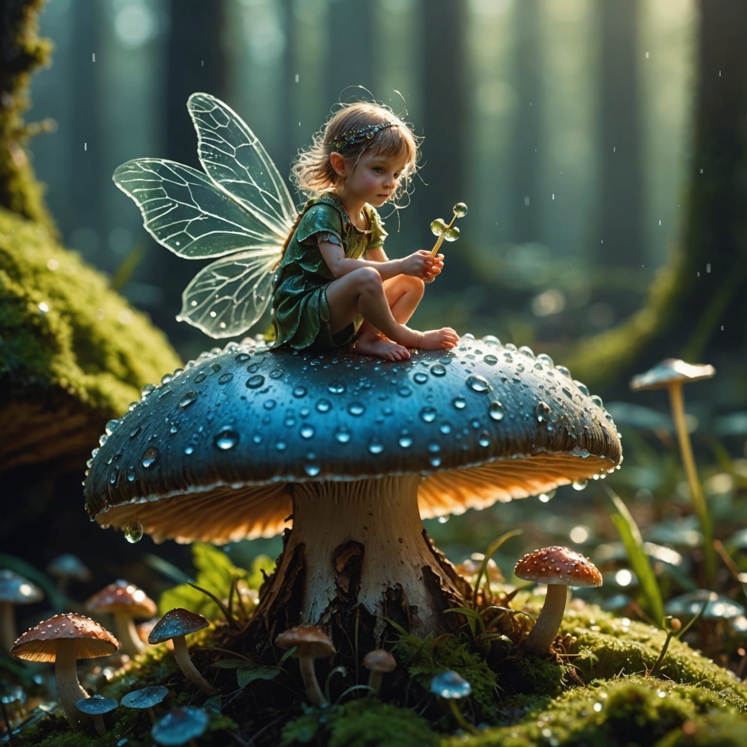 Mythical Fairy Perched on a Morning Dew-Kissed Mushroom