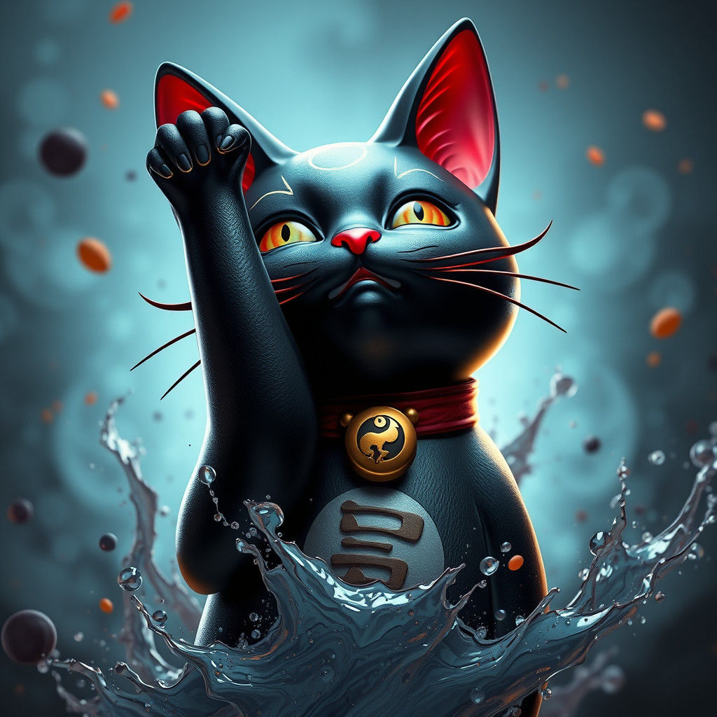 Detailed Matte Painting of a Black Maneki-neko