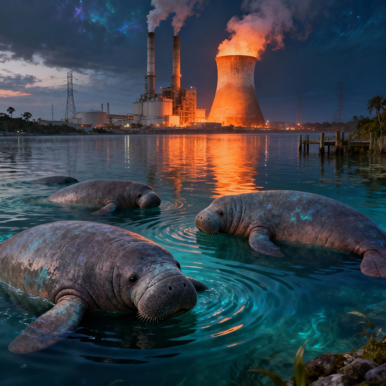 Manatees lounging in the bay of the power plant discharge warm water.