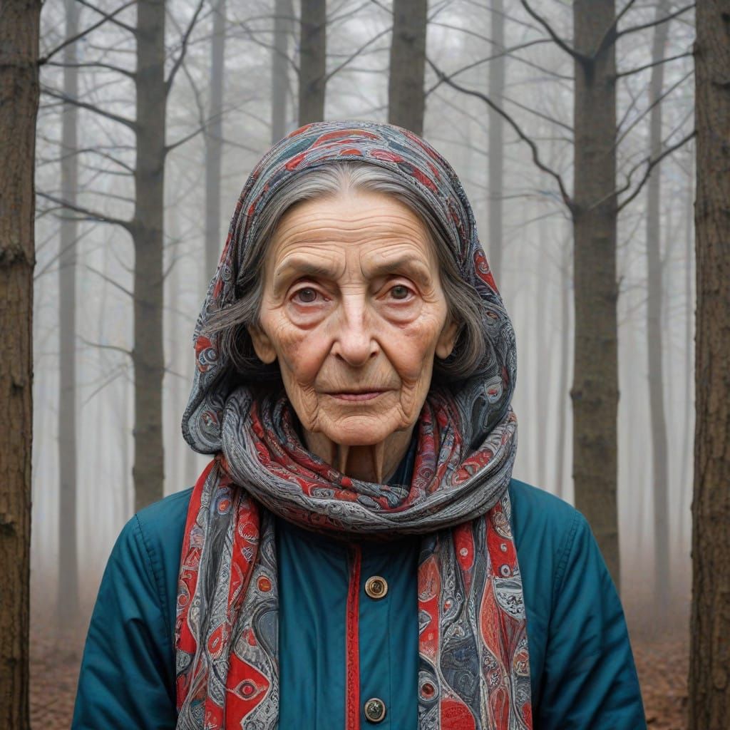 Ethereal Stranger in Foggy Wilderness, Madhubani Style