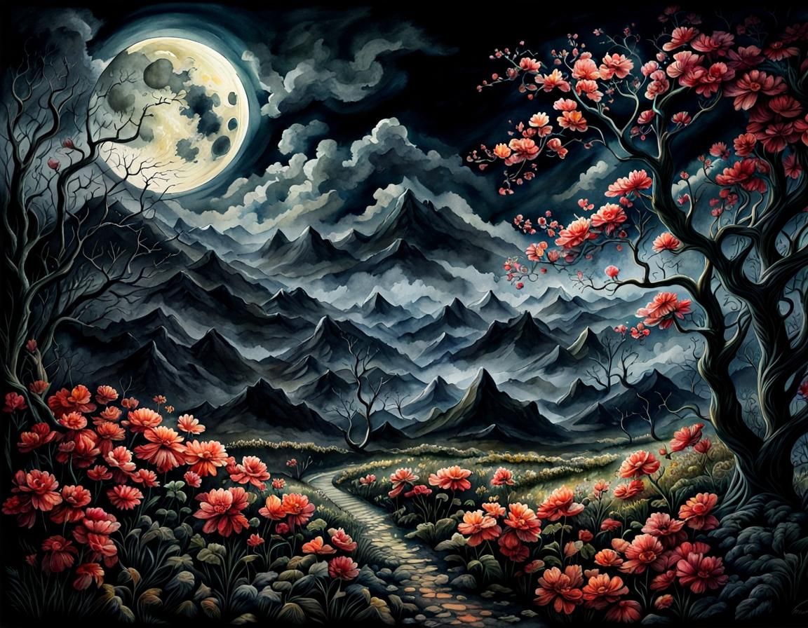 Eerie Haunted Moon with Mountains in Watercolour