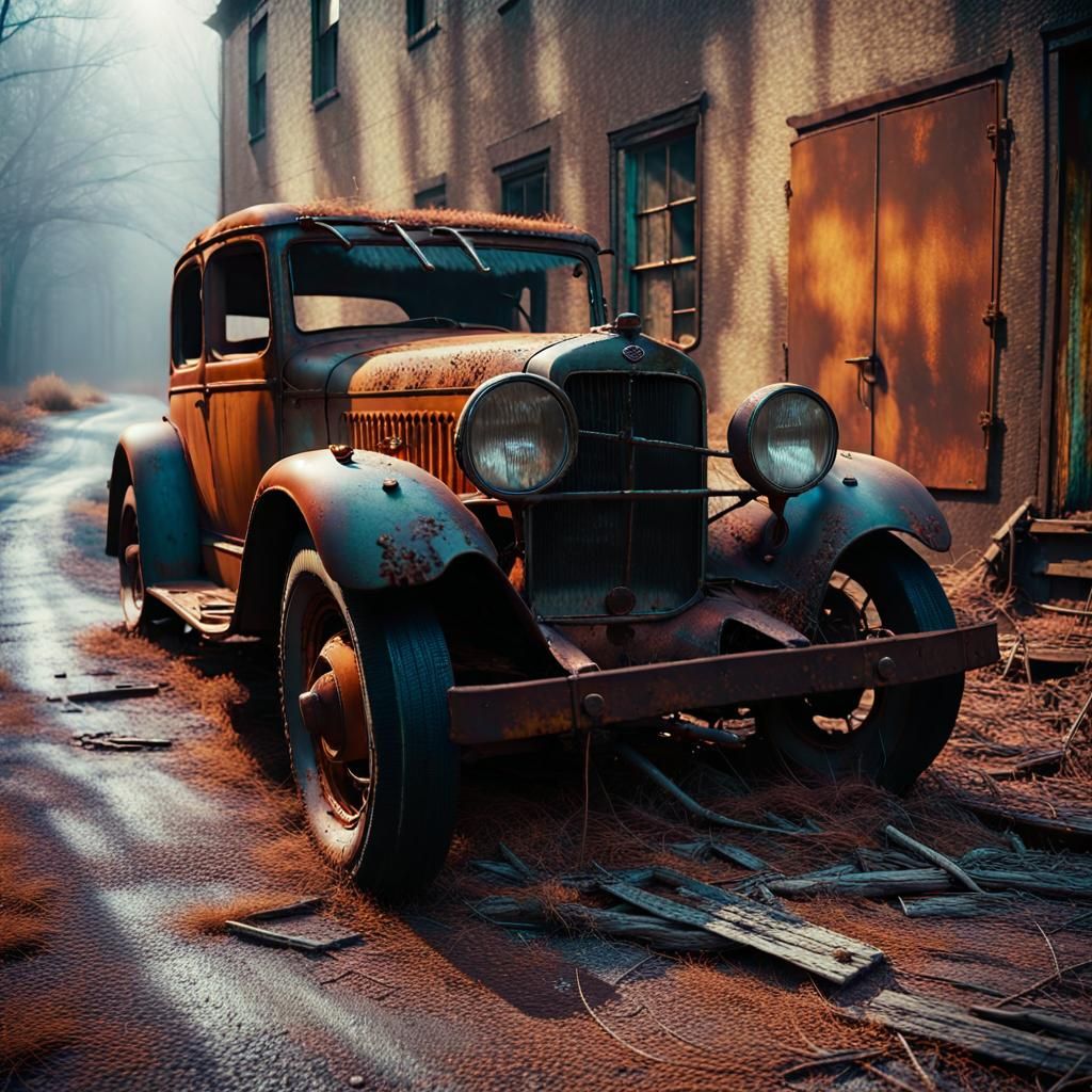 Rusted Car in Amber Light: Cinematic Film Still