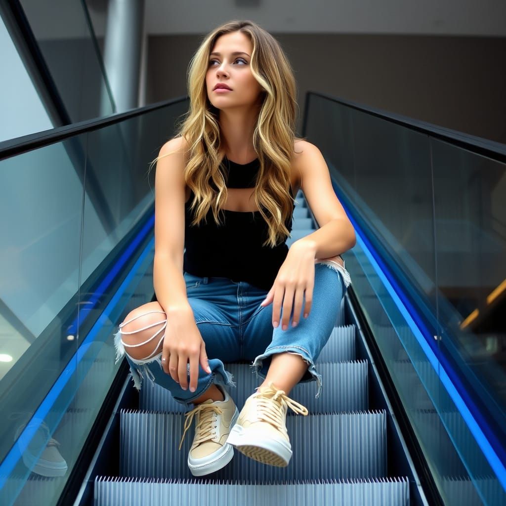 Contemplative Woman on Escalator in Modern Building