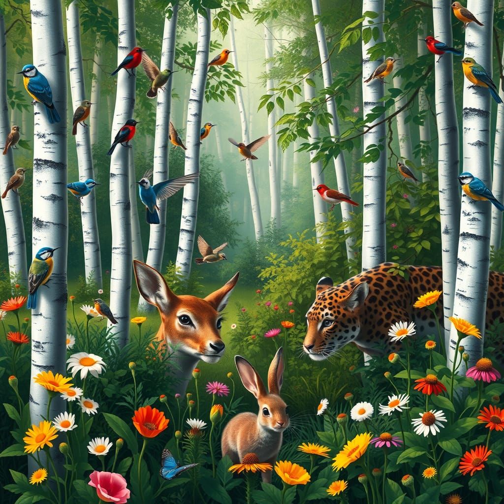 Woodland Scene with Wildlife in Impressionistic Style