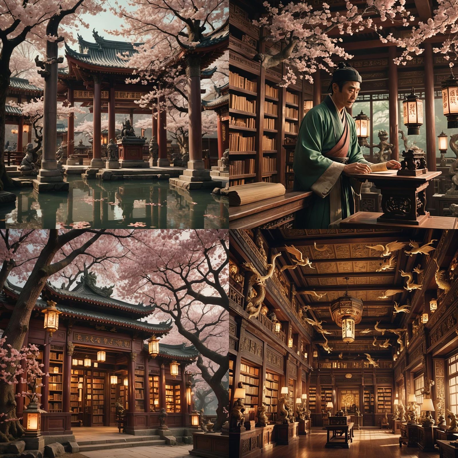 Mystical Asian Library with Dragons and Cherry Blossoms