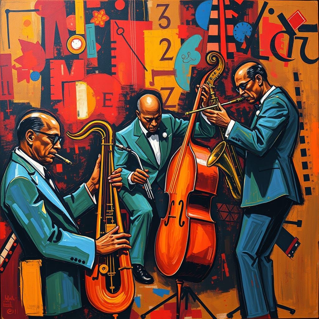 A painting of a jazz jam session. complex melodic lines, instrumental virtuosity, highly syncopated, linear rhythmic com...