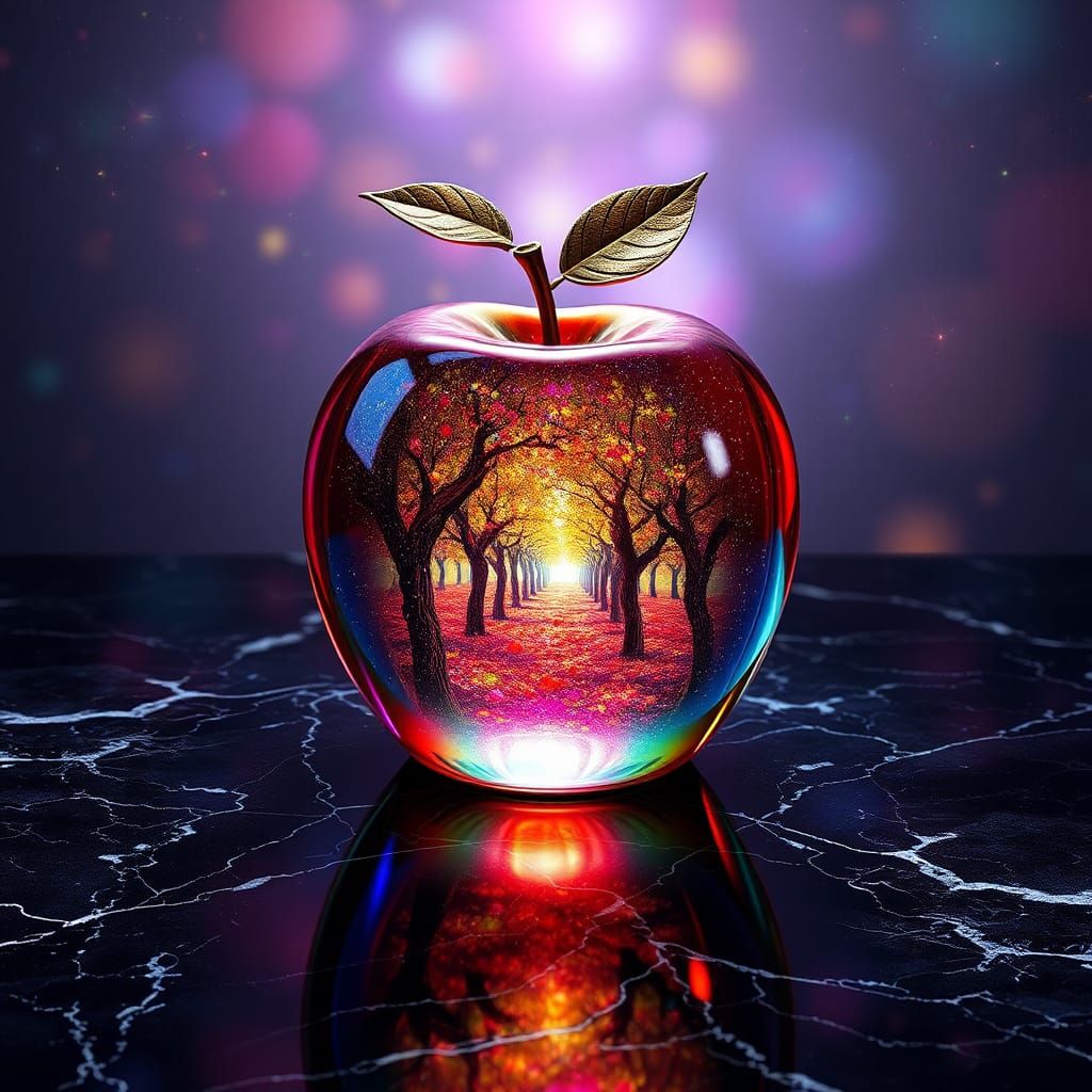 Iridescent Glass Apple with Orchard, Holographic Illustratio...