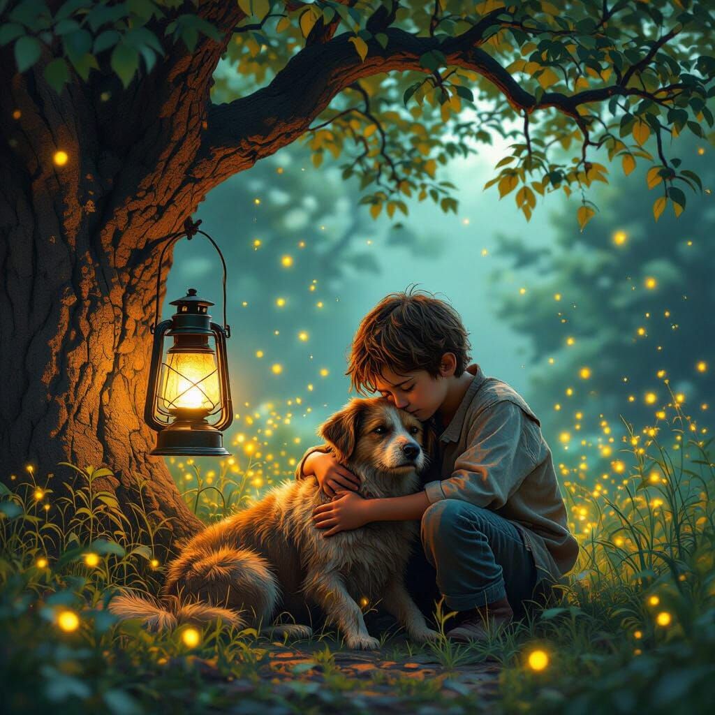Boy and Dog in Garden with Lantern, Unreal Engine 5