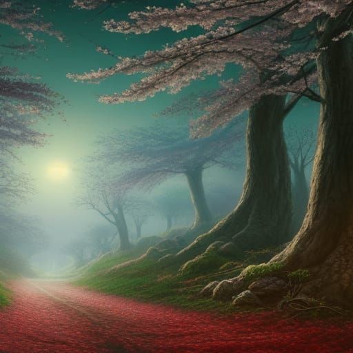 Cherry Blossom Forest Landscape at Sunrise