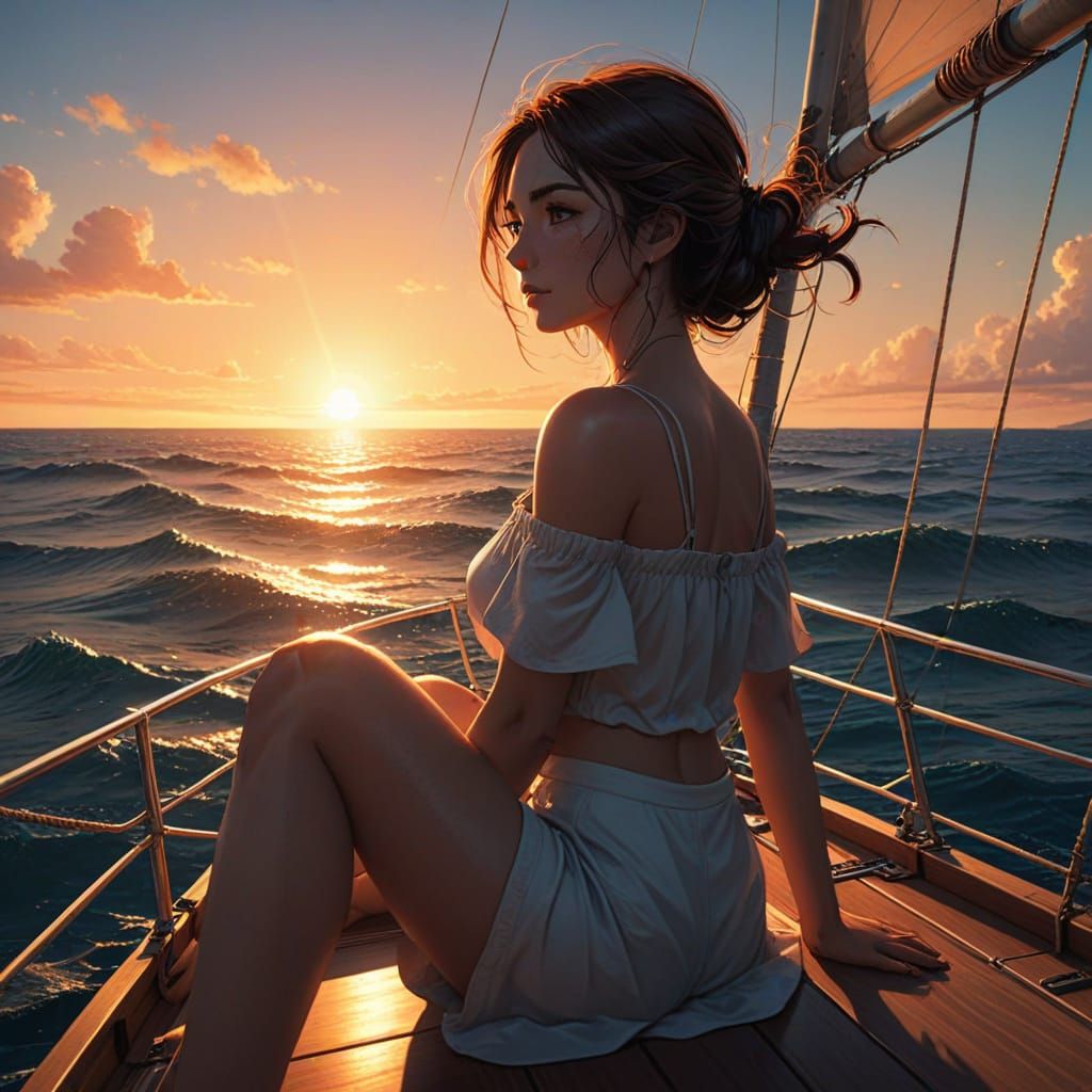 Woman on Sailboat at Sunset in Anime Style