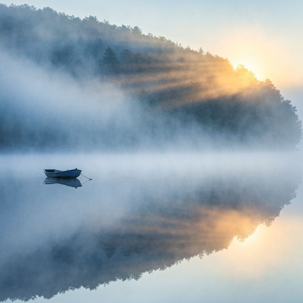Misty Sunrise Lake with Solitary Boat in Watercolor Style