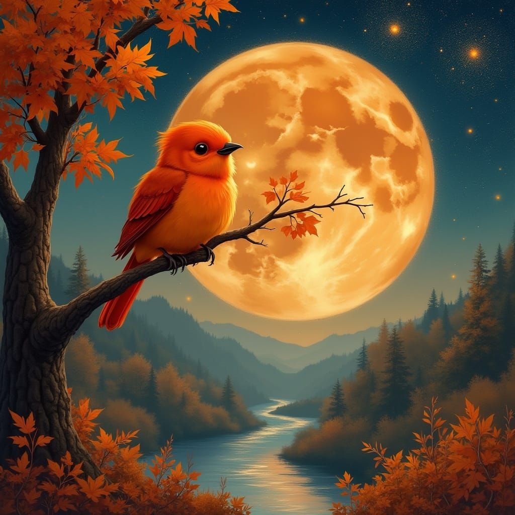Flame Orange Bird in Autumn Dreamscape