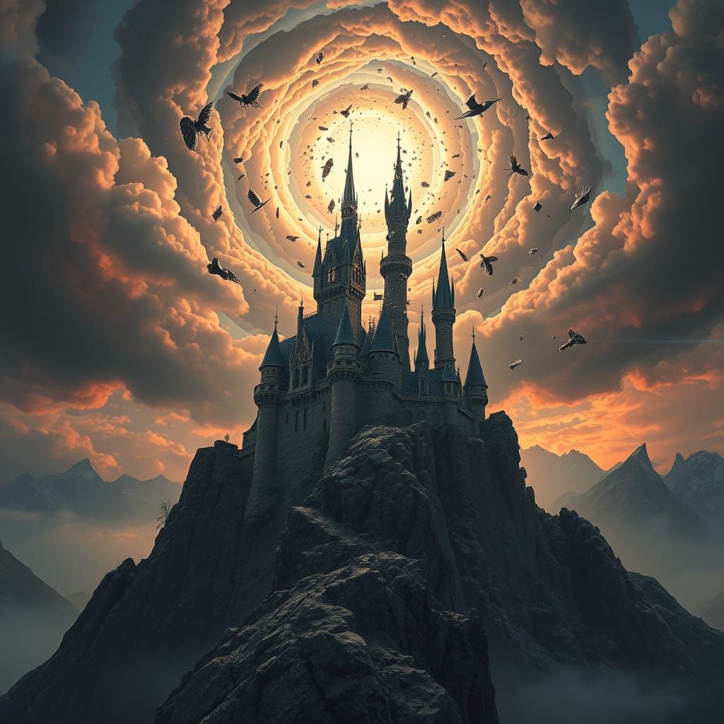Surreal Castle Ascends into Celestial Vortex