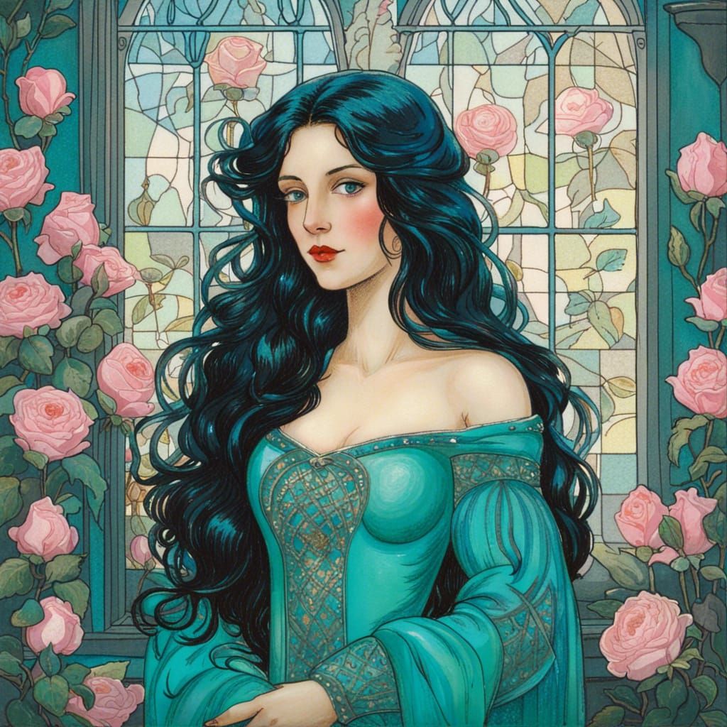 Medieval Maiden in Turquoise Gown with Roses