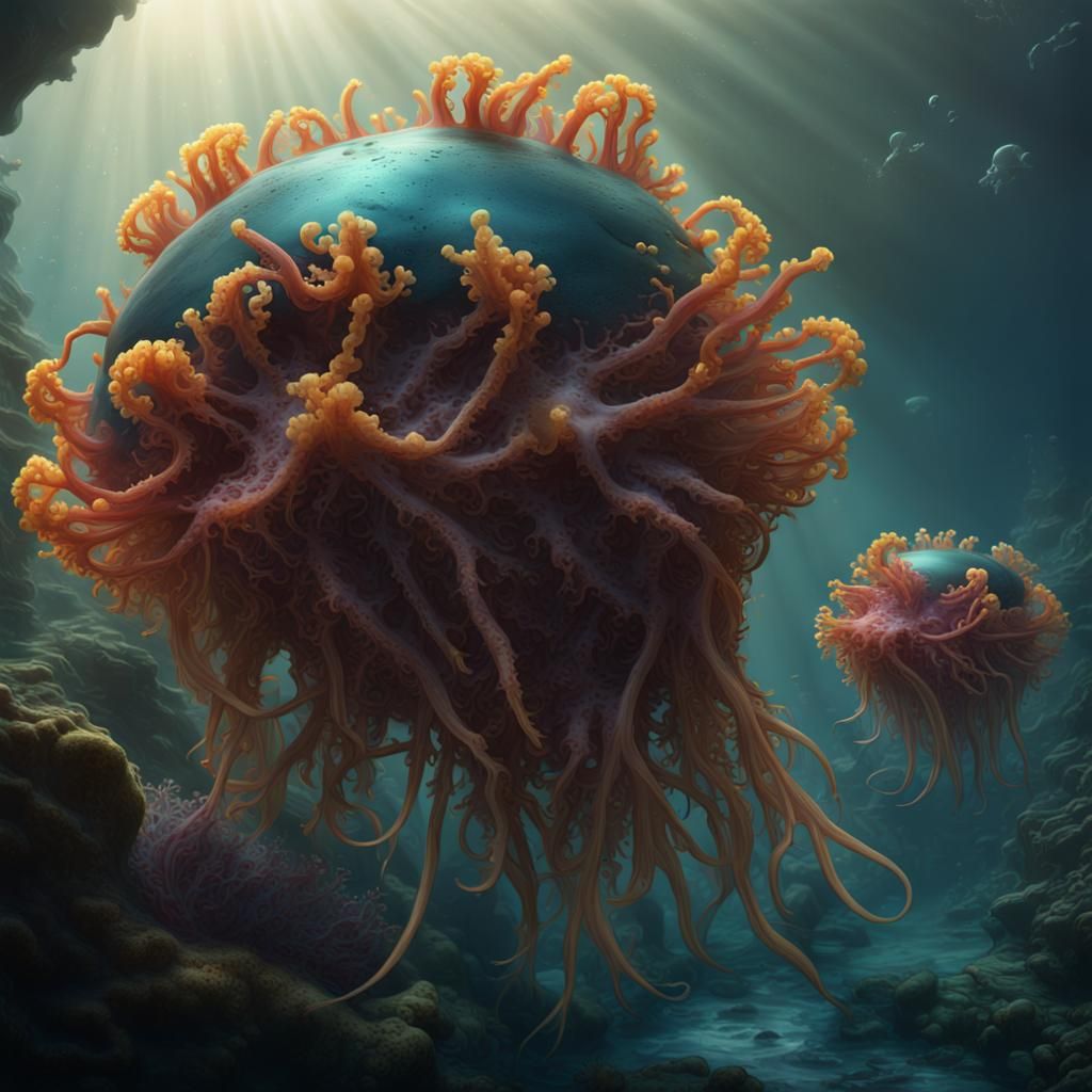 Humanoid Tunicates Sinking Ships: Detailed Matte Painting