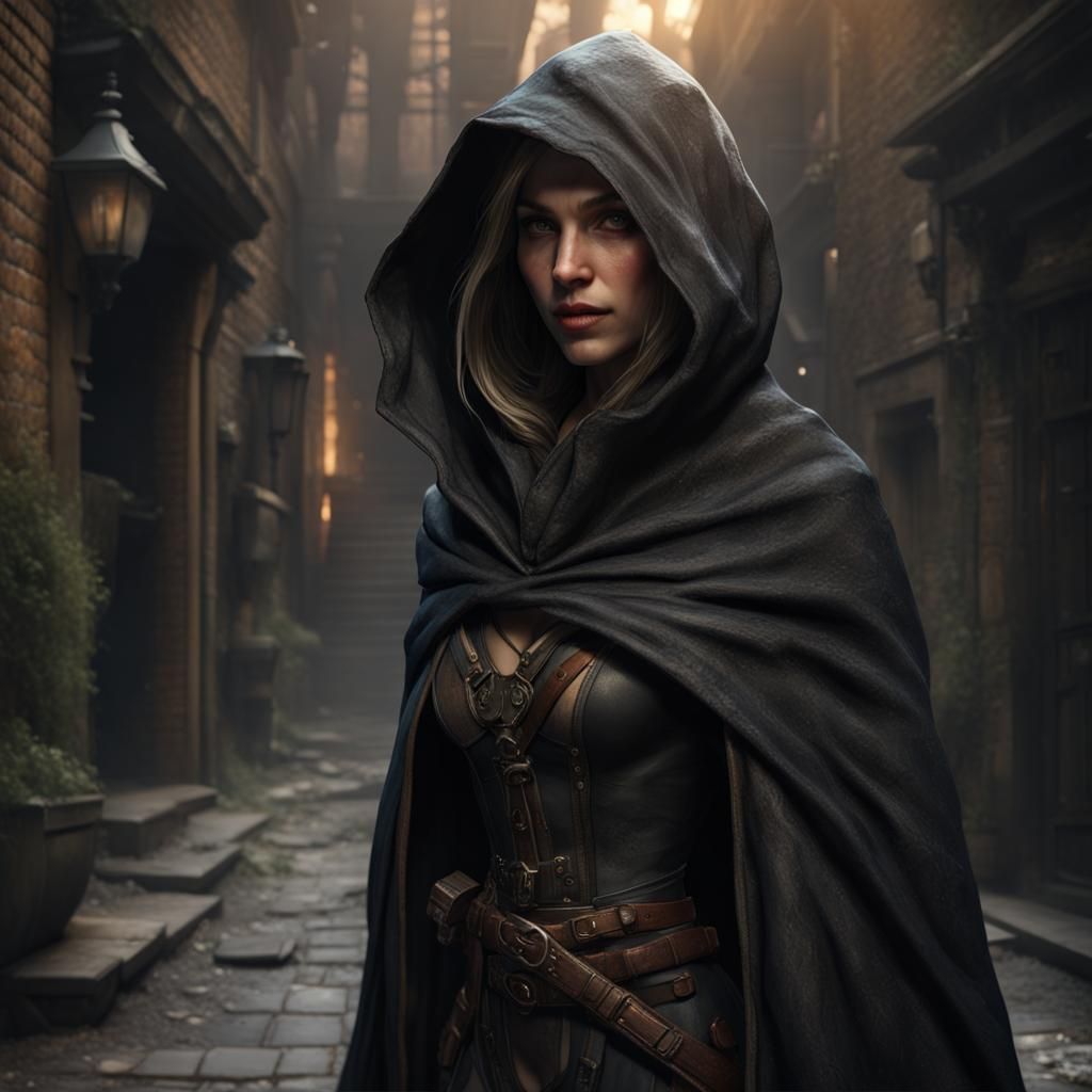 Female Rogue in Dark Alley: Dark Fantasy Concept Art