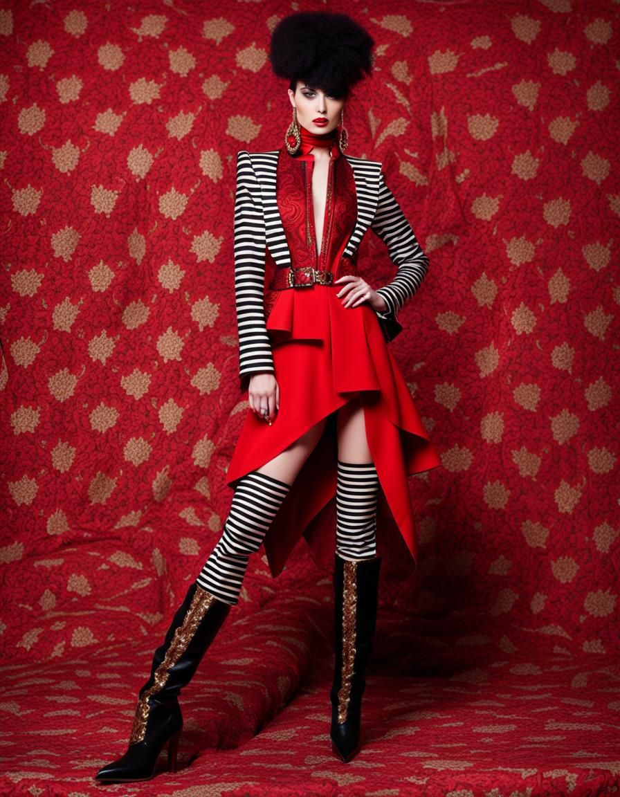 Glam Rock Model in Red Stripes and Brocade