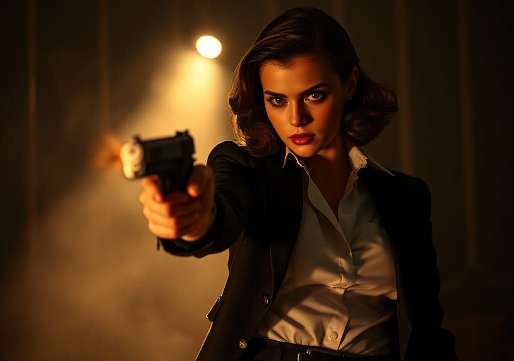 Femme Fatale Fires Pistol in Film Noir Style
