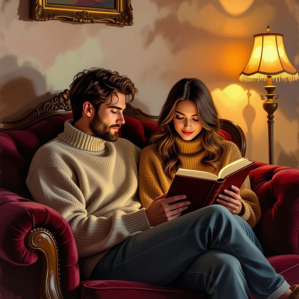Romantic Scene: Man Adoring Woman Reading, Digital Painting ...
