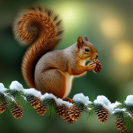 Squirrel Foraging on Pine Branch in Winter Sunlight