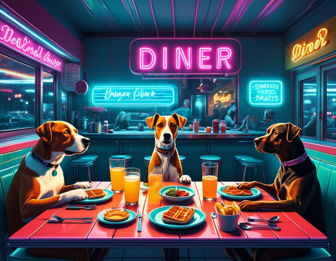 Neon Diner Scene with Dogs in Cyberpunk Style