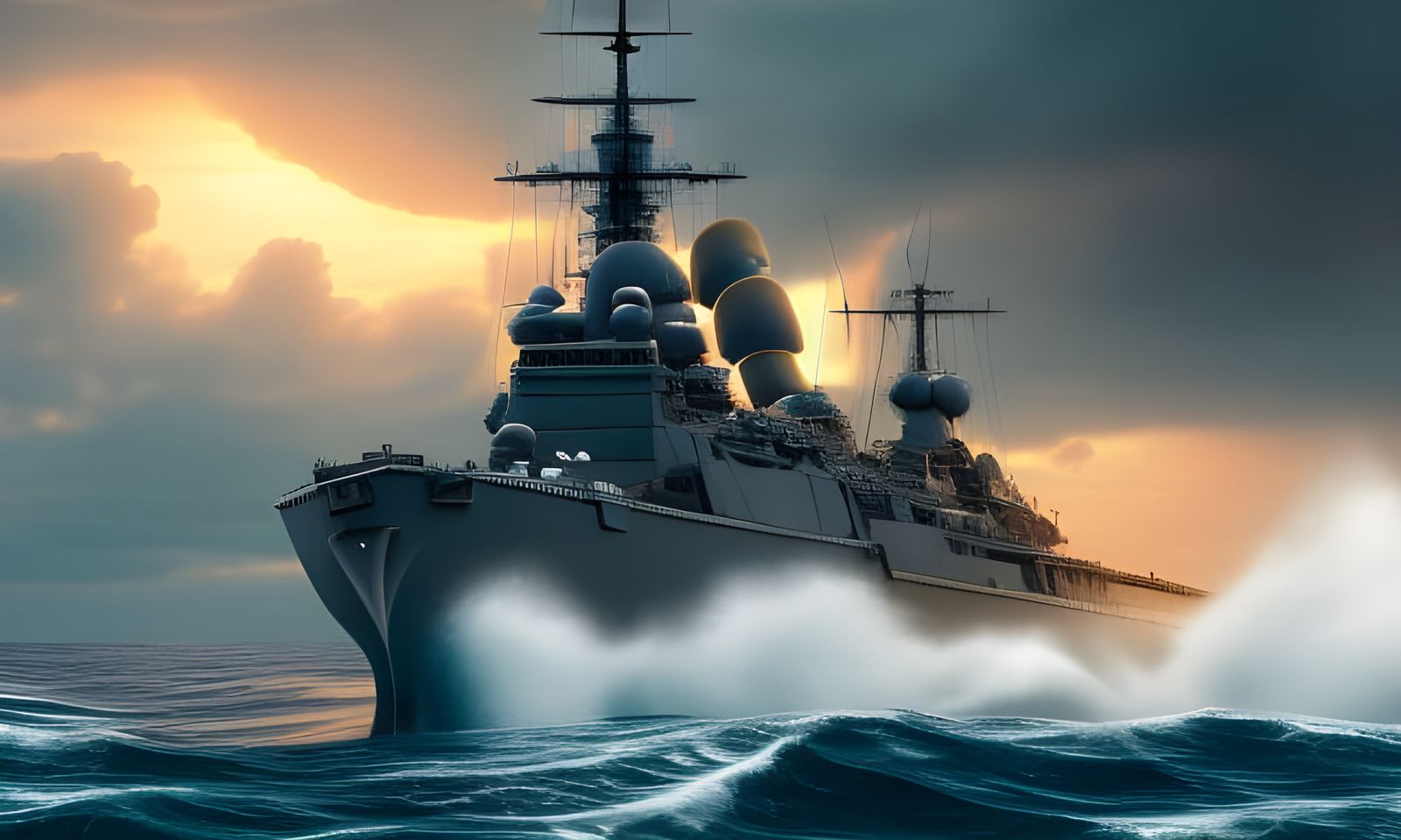 Battleship on Foamy Ocean at Sunset: 8k Digital Painting