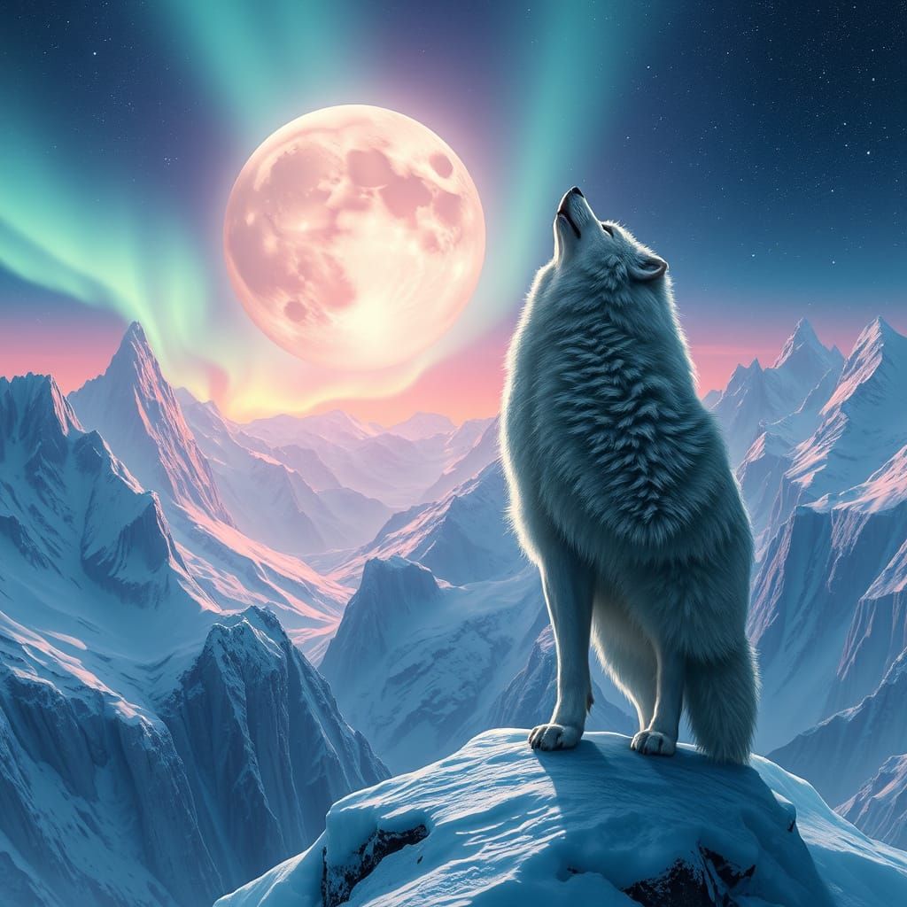 Wolf on Snowy Peak Gazing at Aurora