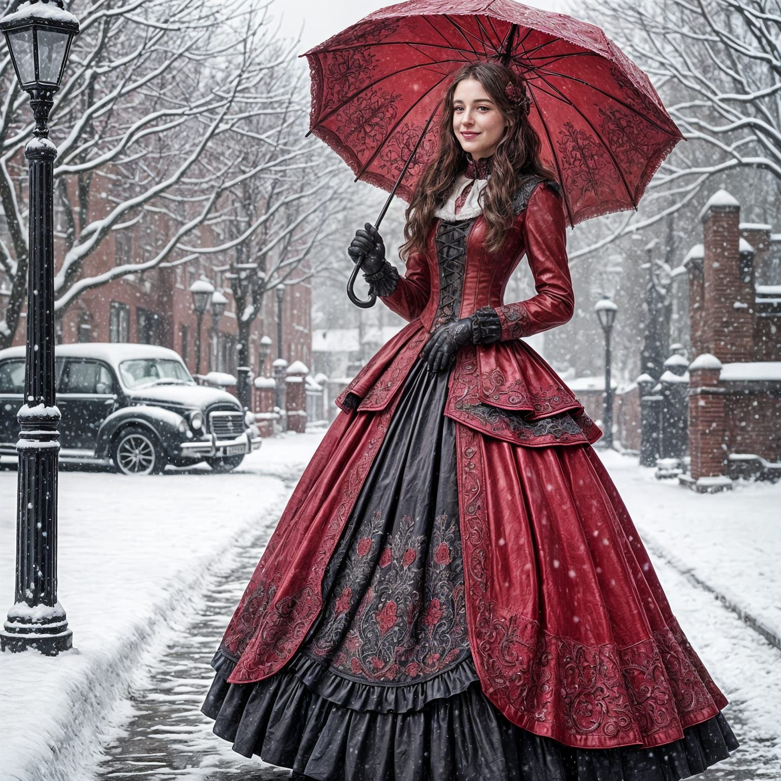 Woman in Victorian Dress with Umbrella in Snow