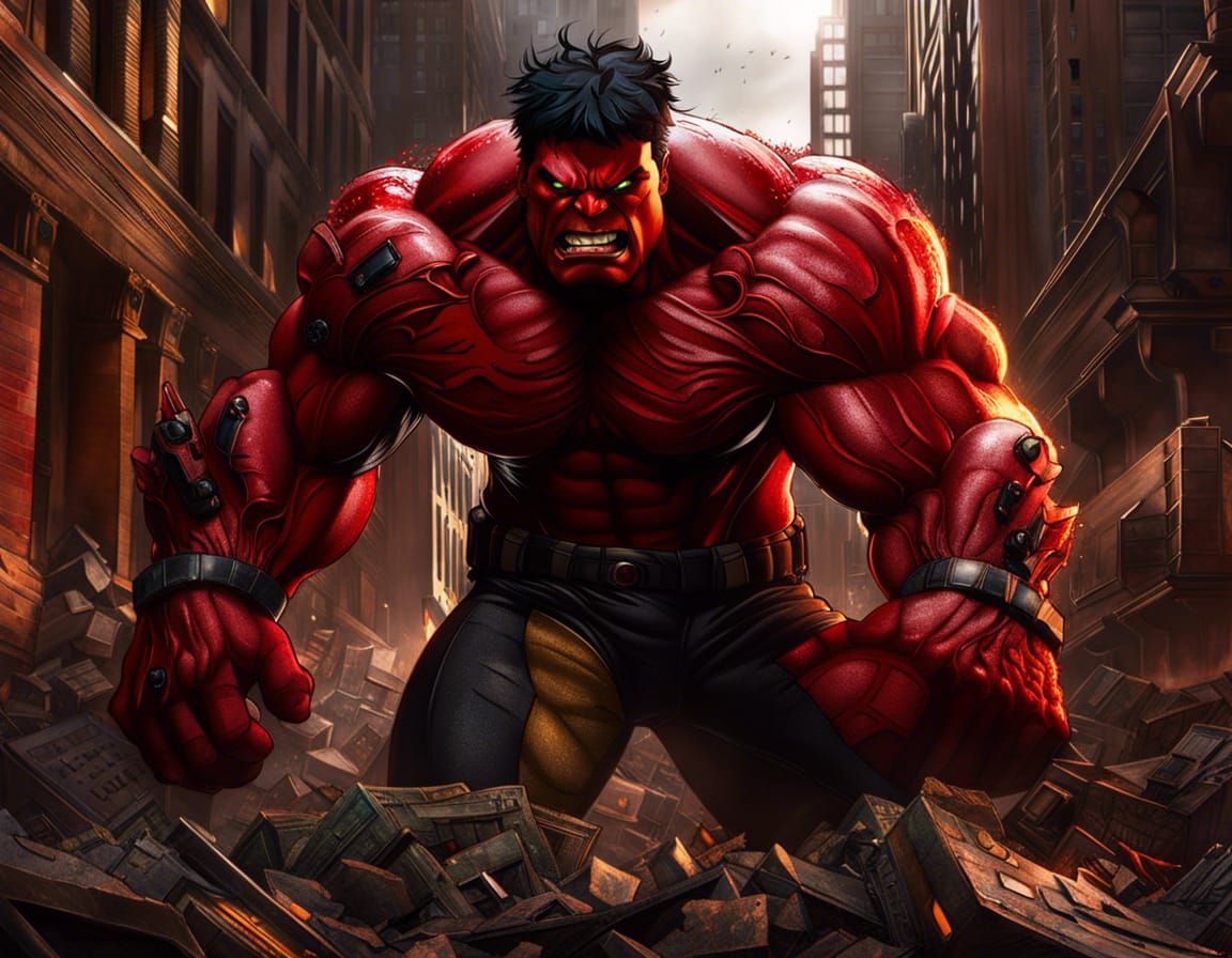 Red Hulk Portrait Amidst Smashed Buildings