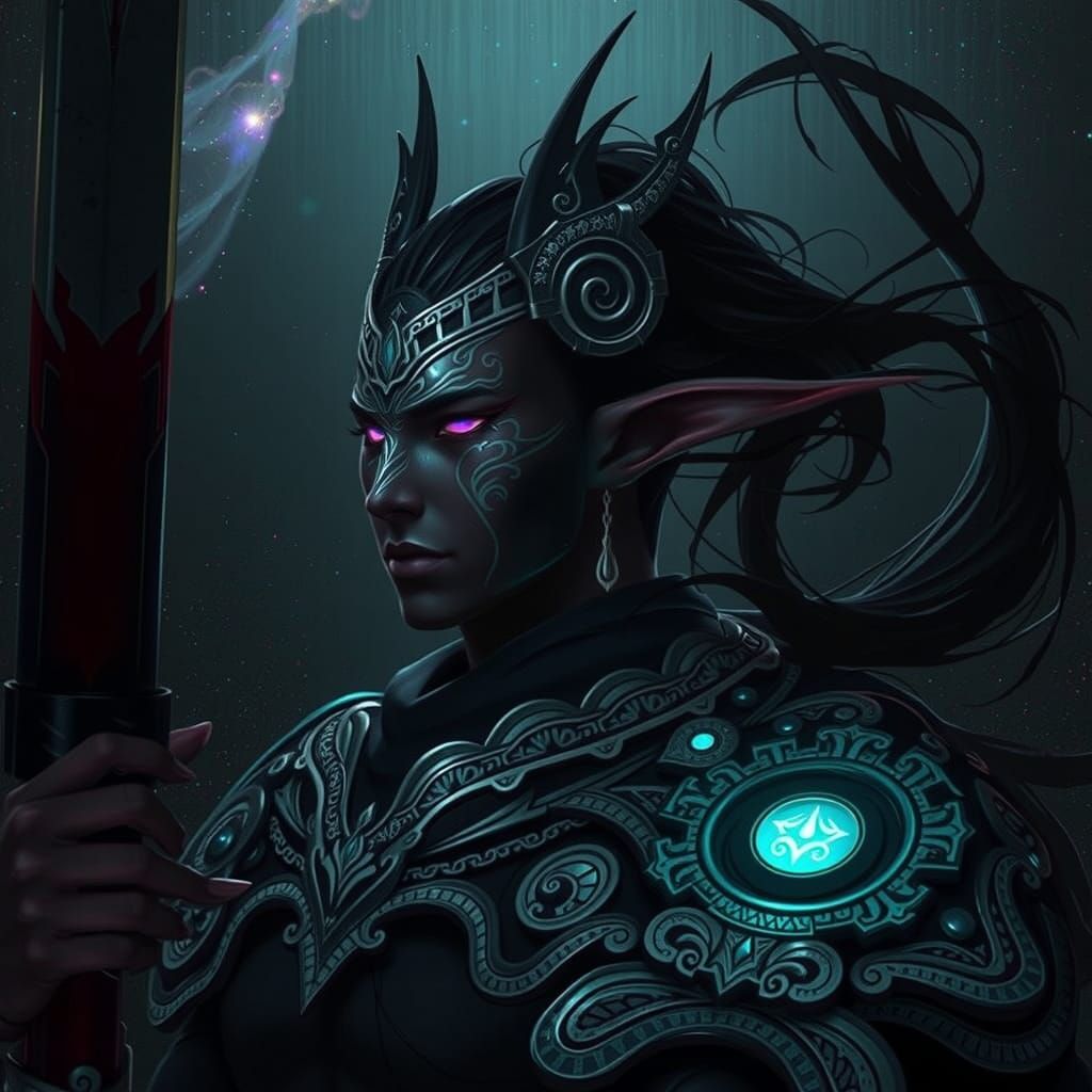 Drow Elf Samurai in Nebula, Digital Art Style