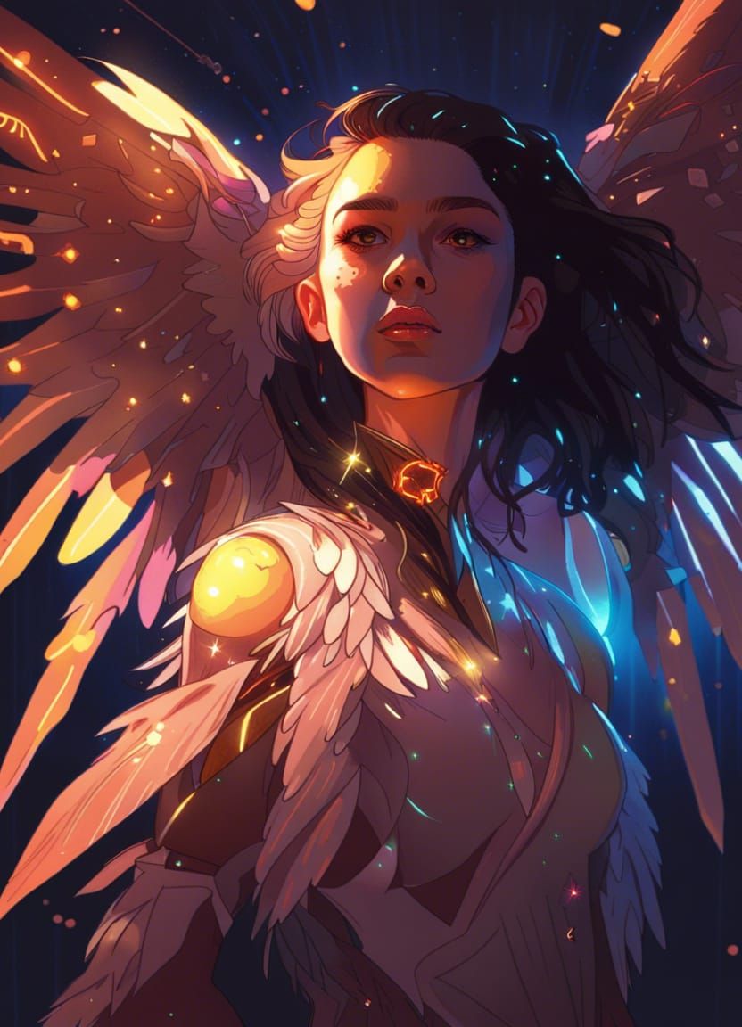 Synthwave Angel Portrait with Glowing Eyes