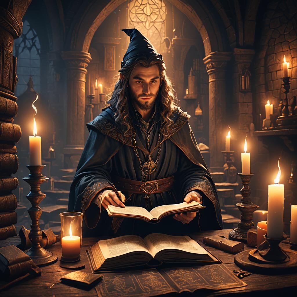 A young wizard reading an ancient leather spellbook by candl...
