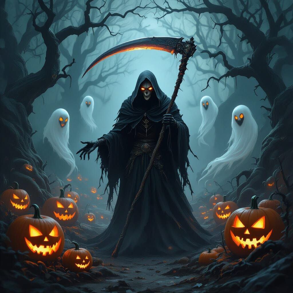 Death in Dark Forest Halloween Scene