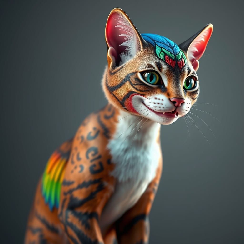 Hyper-Realistic Feline-Avian Hybrid in Ethereal Atmosphere