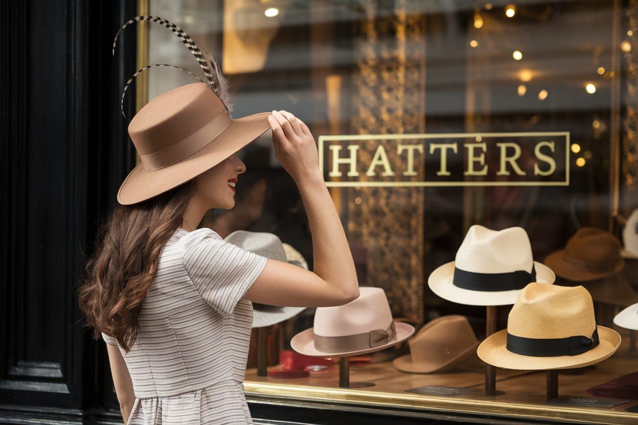 Young Woman Admiring Hats in Shop Window