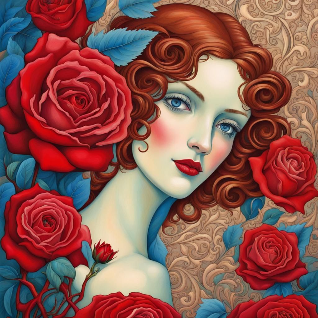 Red Rose and Blue-Eyed Woman in Art Nouveau